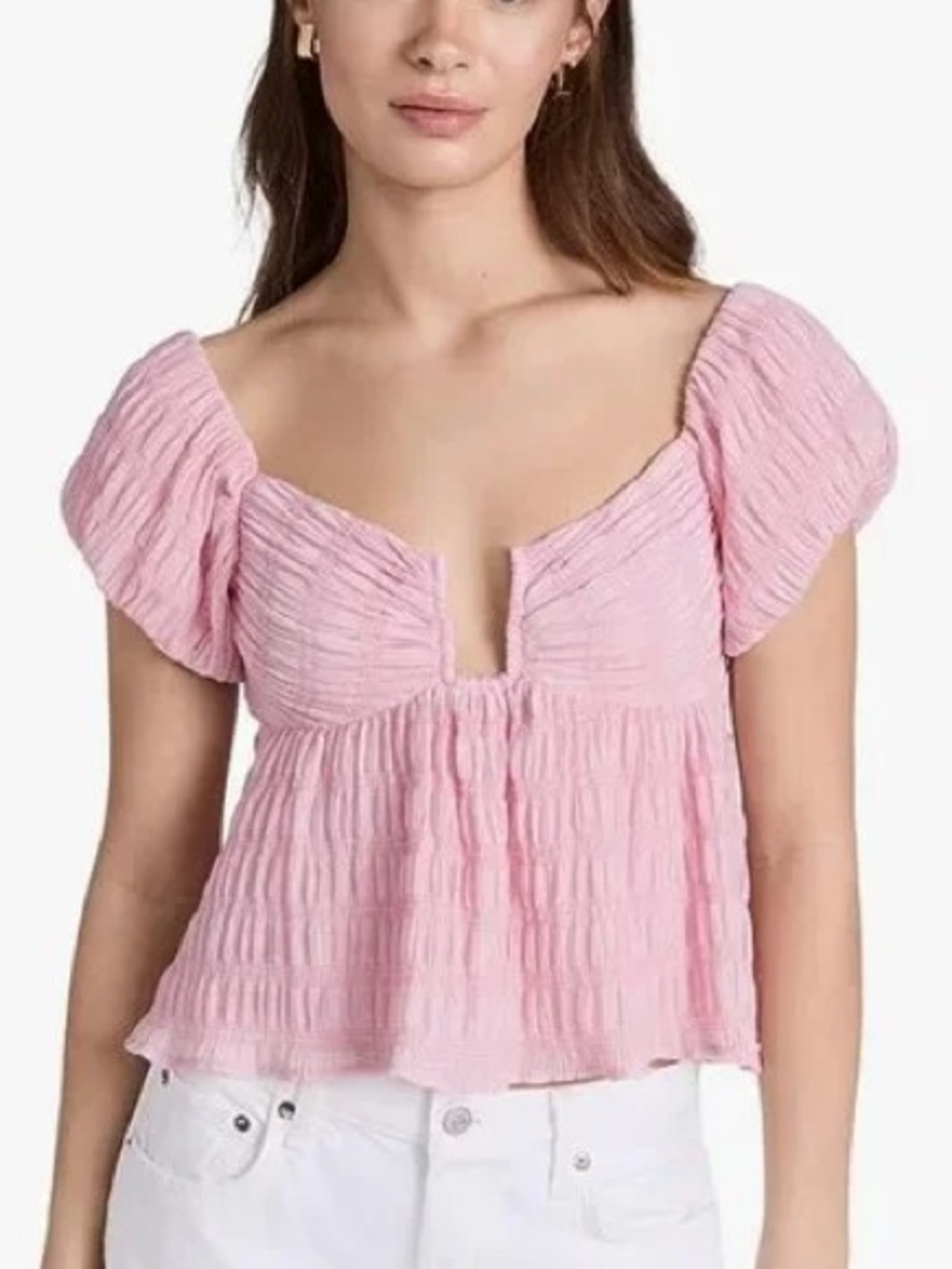 ASTR Nalda Pink Crinkle Puff Sleeve Top